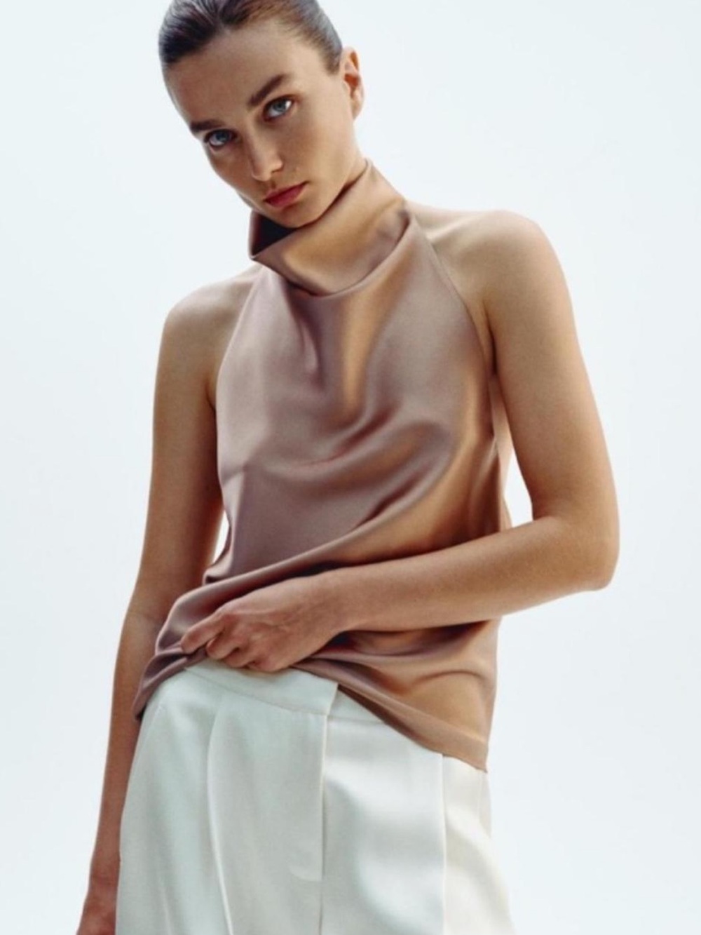 Zara Satin High-Neck Cami in Nude Blush